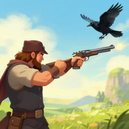 a man shooting a pistol, but instead of a bullet the gun shoots a raven. colorful, bright, fantasy, artgerm, dnd, fantasy, rpg