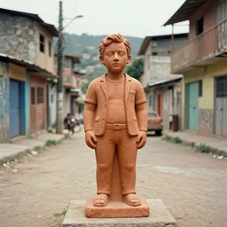 vintage color photo of a vitalik buterin terracotta sculpture in the middle of a poor brazilian favela street, image by werner herzog