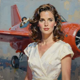 young jennifer connelly in a white dress as jenny blake from the movie the rocketeer ; detailed artwork by phil noto ; brush texture ; asymmetric composition ; paint texture ; trending on artstation ; gallery painting by phil noto in the comic book style of phil noto