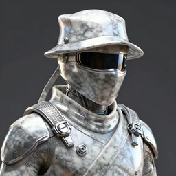 3 d octane rendering of marble and chrome statue of ninja wearing full face mask and hunter hat, vfx art, sharp, detailed, pinterest, unreal engine, behance, technological, octane render