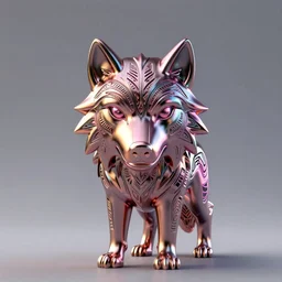chrome wolf, glossy, metallic, neon, symmetrical, tribal patterns, realistic, unreal engine, octane, redshift, artstation, behance