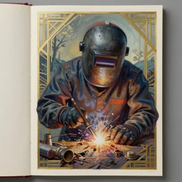 asset sheet, material study ( caricature ) welder ( hyperrealistic surrealist style cartoon oil paint on canvas art deco ) foreboding lighthearted