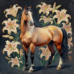 a beautiful painting lovely 3 d horse, surrounding lilies by ukiyo - e award - winning art, andy warhol color, dramatic light, octane render