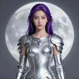 portrait of young junoesque fit prophetess of the moon, silver filigree armor, purple hair, translucent skin, beautiful! coherent! by brom, by junji ito, strong line, high contrast, muted color