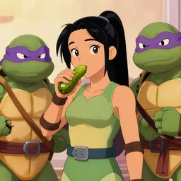 april o'neil eating a pickle with her ninja turtle friends