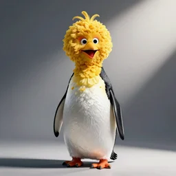 hyperrealistic photo of sesame street's big bird if they were a real life penguin. anatomically correct bird. intricate, highly detailed eyes extremely detailed picture, jungle canopy in the background, light and rain trickling through
