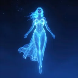a giant beautiful glowing blue woman floating in the night sky