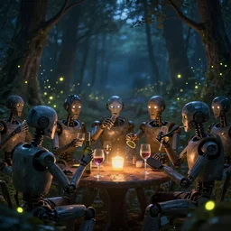 an army of evil robot drinking wine at night in a forest with fireflies, backlighting, trending on artstation, night lighting, cgi, bokeh, dreamy