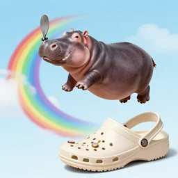 a hippo has a propeller on its back instead of its tail and flies over a rainbow which is coming out of a crocs shoe