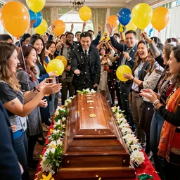 funeral with extremely happy guests balloons and confetti