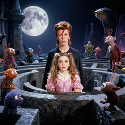 movie still from the 1 9 8 8 sequel to labyrinth by jim henson starring david bowie and young jennifer connelly in a maze - like fortress on the moon. whimsical muppets of wondrous alien creatures and humanoid characters. fantasy adventure.
