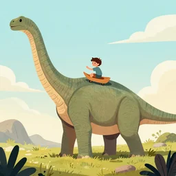 a kid sliding on the neck of a brachiosaurus, illustration, digital art