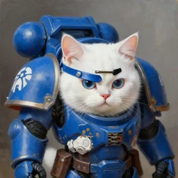 a portrait of a cute white cat as a Space Marine from the Warhammer 40k, ultramarine space marine cat, blue armor, glorious, masterpiece painting by Rembrandt, shoulderpad with omega white symbol, cute eyes