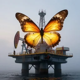 a giant glowing butterfly perches on an oil platform in the misty morning, by moebius