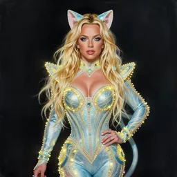 britney spears in blue and yellow cat costume, intricate, elegant, glowing lights, highly detailed, digital painting, artstation, glamor pose, concept art, smooth, sharp focus, illustration, art by artgerm and greg rutkowski, artey freytag