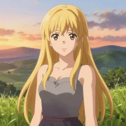 anime art full body portrait character concept art, anime key visual of elegant young female, blonde straight bangs and large eyes, finely detailed perfect face delicate features directed gaze, grass at sunset in a valley landscape, trending on pixiv fanbox, studio ghibli, extremely high quality artwork