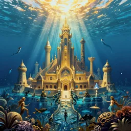 a scenic landscaping view of the lost city of atlantis city under water, ray of sunlight, mermaids in distance, greg rutkowski, moebius, mohrbacher, mucha, blue and gold color scheme