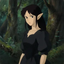portrait painting of female forest elf black hair, black dress, dramatic light, 8 k, by greg rutkowski, studio ghibli