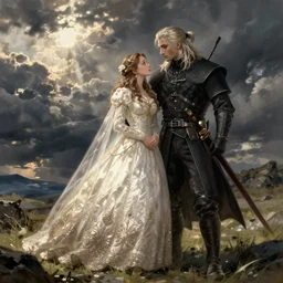 an illustration detailed of Geralt of rivia marrying triss merigold in the style of moebius
