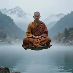 buddhist monk in lotus position flying in front of camera over himalaya mountains lake in weightlessness, small foggy and blue gloomy, bokeh background, highly detailed science fiction illustration by jeremy geddes. photorealistic, octane render, hyper detailed, 8 k, movie still, artstation, unreal engine