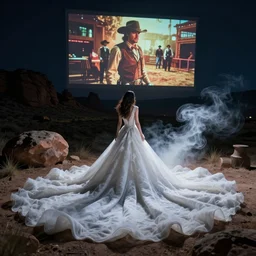 photo, a woman in a giant flowing incredibly long dragging white dress made out of white smoke, standing inside a dark night western rocky scenic landscape, a vintage cowboy movie projected, volumetric lighting