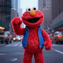 of Elmo from sesame street dressed up as a rapper in New York City, highly detailed, 4K, moody lighting, 90’s vibe, 3d render, octane redshift, 8k