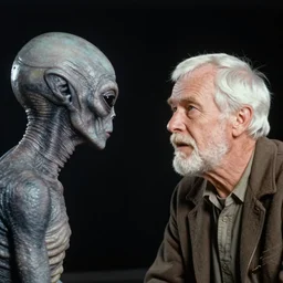 old film photography of a 6 0 year old man with white short hair and white short beard having a conversation with a grey alien