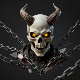 portrait of the devil with horns, yellow eyes and skull mask, breaking apart from the chains, octave render, unreal engine 5, ps5, concept art, highly detailed, dark background