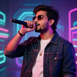 beautiful Pakistani man raps into microphone, hip hop vaporwave, abstract background, neon, photo, detailed, 4k