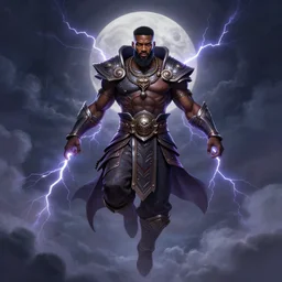 a highly detailed illustration of Jamie Foxx as a bearded short fade hair african warrior god of lightning, evil floating pose, moonlit clouds background, muscular, intricate, elegant, highly detailed, centered, digital painting, artstation, concept art, smooth, sharp focus, league of legends concept art, WLOP
