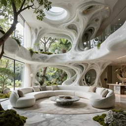 highly detailed ultra sharp villa natural light interior soft cinematic cellular composition of a smooth ceramic porcelain biomorphic magnolia stone nebula fluid sci - fi surreal architecture landscape, furniture, granite, trees, marble, moss, lichen, fungi, vincent callebaut composition, mamou - mani, archviz, 8 k, unreal engine, hdr