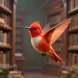 a cute adorable small flaming mythical red hummingfirebird flies quickly through a library #epic-render-digital-artwork #masterpiece #movie #raytracing-realism-particle-effects