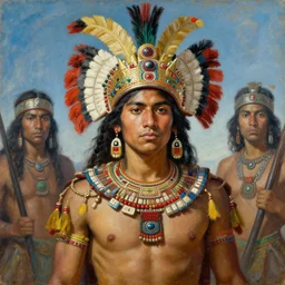 portrait of a brave young aztec warrior as quetzalcoatl. art by manuel sanjulian and tom bagshaw and boris vallejo, oil on canvas, ethnographic beauty, magic realism