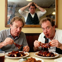 robin williams and bill mirray at a restaurant eating ribs, messy food, bbq sauce on their clothes, bill murray has a crazy look in his eye, john candy plays the worried waiter who is brusing his sauce hair in the smudged mirror, aberrant reflection