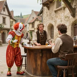 the bartender tells the client a story about how he was robbed by a clown a medieval town in the style of kentaro miura, 4 k, 8 k, absolute detailing of even the smallest details and particles, beautiful shadows, beautiful art, black and white drawing