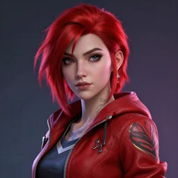 a girl with short red hair, cool, vi from arcane, league of legends, fighter, cool red jacket, tattoo, beautiful, 3 d, potrait, art staion, studio light, closeup shot, octane render, wlop, realistic, neon