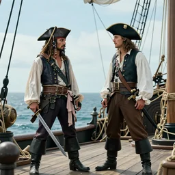 movie still of a pirate and a corsair captain stand off. they both are standing proudly and pointing their sword at each other. the scene takes place on a 1 8 th century ship's deck at sea. volumetric lighting. 4 k, highly detailed