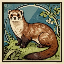 a ferret, colored woodcut, poster art, by Mackintosh, art noveau, by Ernst Haeckel