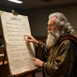A bearded wizard points at a linguistics chart in front of a lecture hall