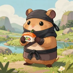 anthropomorphic hamster ninja eating sushi, ninja outfit, two arms, standing in a beautiful landscape, cute and adorable, dnd character art portrait, matte fantasy painting, deviantart artstation, by jason felix by steve argyle by tyler jacobson by peter mohrbacher, cinematic lighting