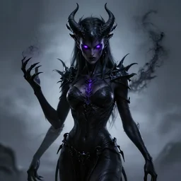 a dark entity with deep purple eyes, completely dark, with black magic powers, ultra realistic, 8 k, octane render, stylized,