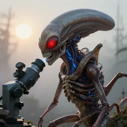insectoid alien live form using alien medical instruments to probe a humans head, electron microscope image, ultra realistic, intricate details, eerie, highly detailed, red glowing eyes, small blue electrical nerves inside the bones, misty background with a morning sun behind it shining through, octane render, 8 k
