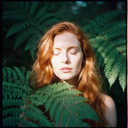 An analog head and shoulder frontal face portrait photography of a redhead woman behind multiple big fern leaves by Annie Leibovitz. Long hair. eyes closed. Agfa Vista 800 film. Sunshine. detailed. hq. realistic. Rembrandt light style. warm light. muted colors. lens flare. photoreal. Bloom and glare. Leica M9.