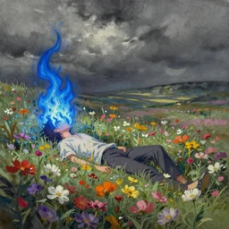 scenes, dynamic composition, motion, ultra - detailed, incredibly detailed, a lot of details, amazing fine details and brush strokes, colorful and grayish palette, smooth, hd semirealistic anime cg concept art digital painting, watercolor oil painting of sea of flowers, in style of cytus and deemo, blue flame, relaxing, calm and mysterious vibes