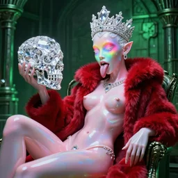 photo of baroque and bladerunner delicate neon diamond sculpture of ceramic albino king santiago cabrera seductive delicious tongue sticking out, creamy pink iridescent humanoid deity wearing red furry hoody holding diamond skull in a green metallic dungeon, reclining, glowing rainbow face, crown of white diamonds, cinematic lighting, photorealistic, octane render 8 k depth of field 3 d