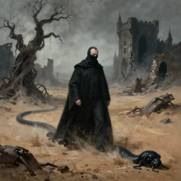 voldemort putin as a dementor slowly slithering across a barren desert wasteland and melting into the darkness around him, 8k, surrealism, painting, ultra realistic, moody, foggy, desolate, forlorn, sad, decrepit ruins, twisted gnarled trees, broken castles, hungering void