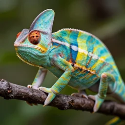 A terminator chameleon with the colors of the ukrainian flag, glowing red eyes, award-winning photo