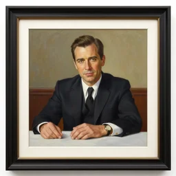 framed portrait painting of paulie walnuts sitting at a mafia table
