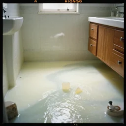 kodak portra 4 0 0 photographic and realistic, interior of a bathroom, detailed, octane render, unreal engine, 4 k, artstation, hyper realistic, wide angle, floor flooded with curdled milk, river, objects that float, 3 5 mm, sharp focus, soft light, volumetric light, in the style of gregory crewdson