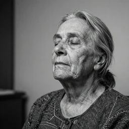 A hyper-realistic black and white photograph taken with a 50mm 1.4 lens of a 180-year-old woman with her eyes closed
